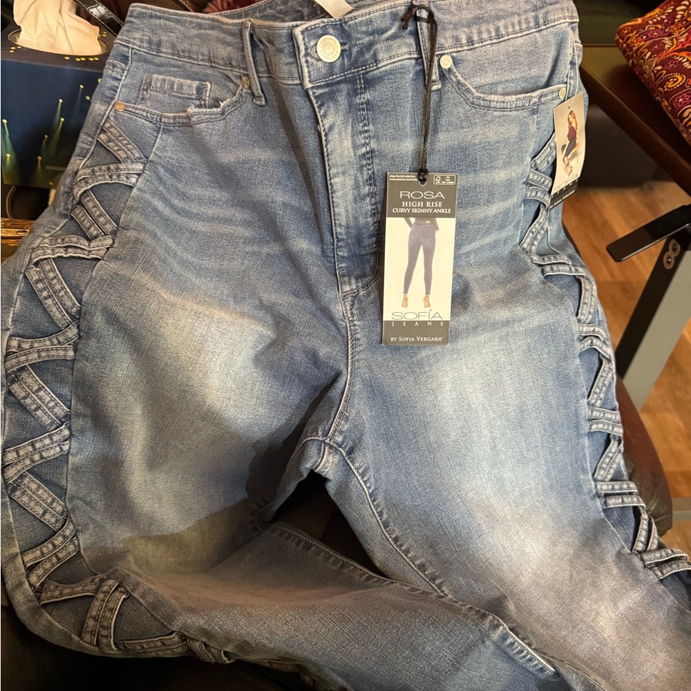 Sofia by Sofia Vergara Blue Skinny Jeans with Lace-Up Detail